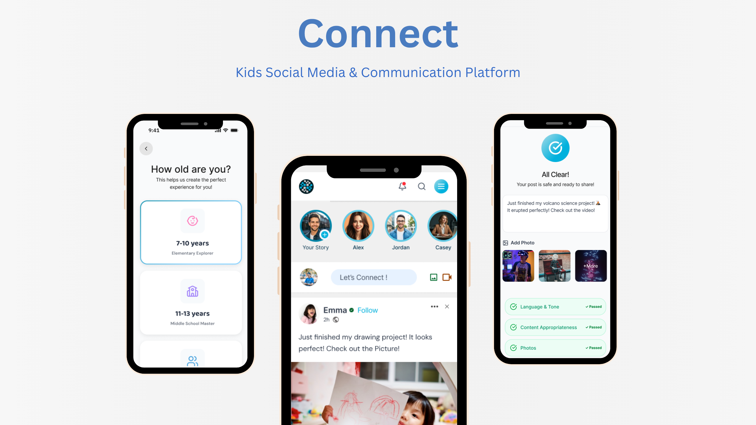 Connect kids social media app showing age onboarding, social feed and content moderation screens