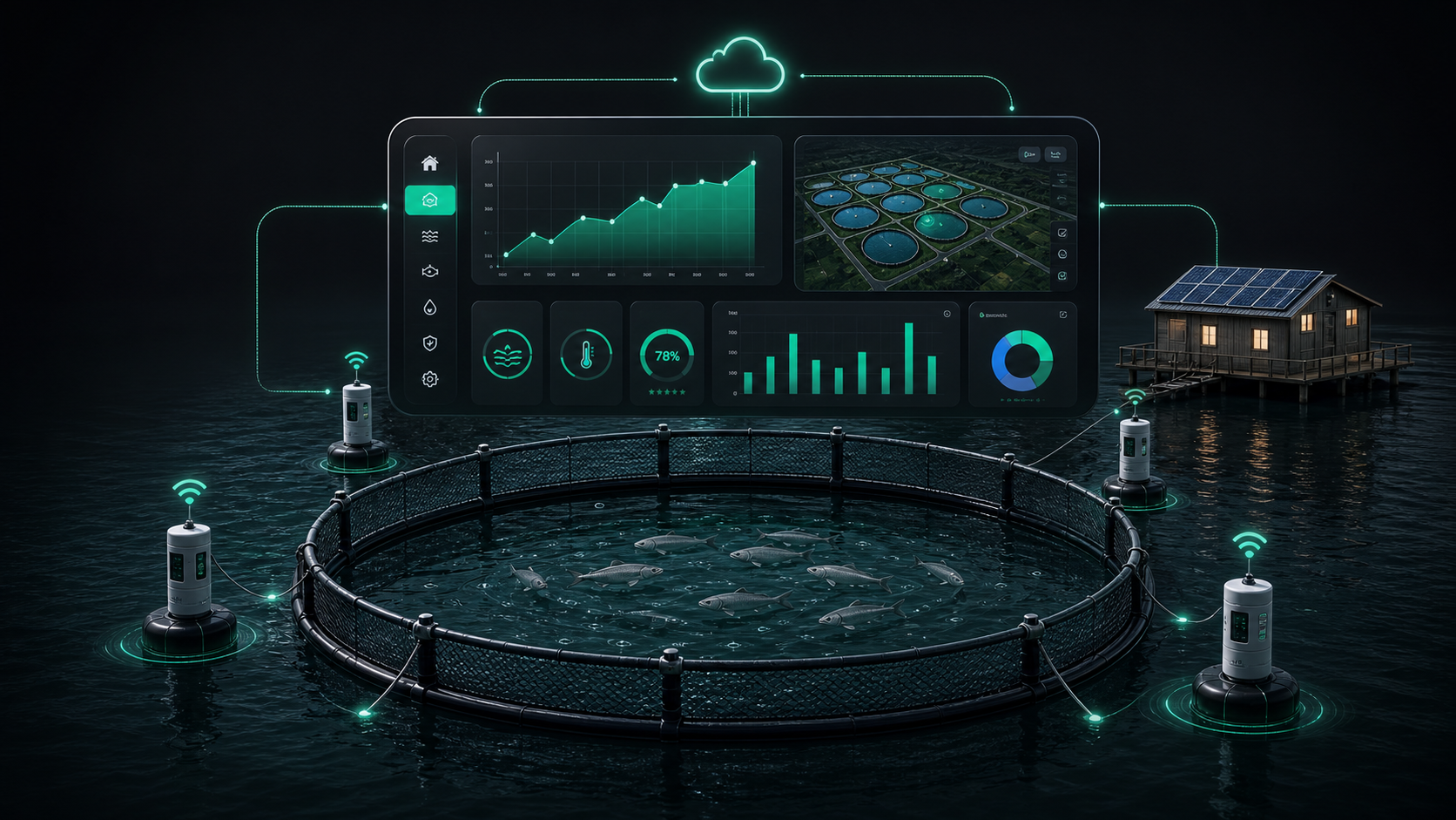 Smart aquaculture IoT dashboard illustration