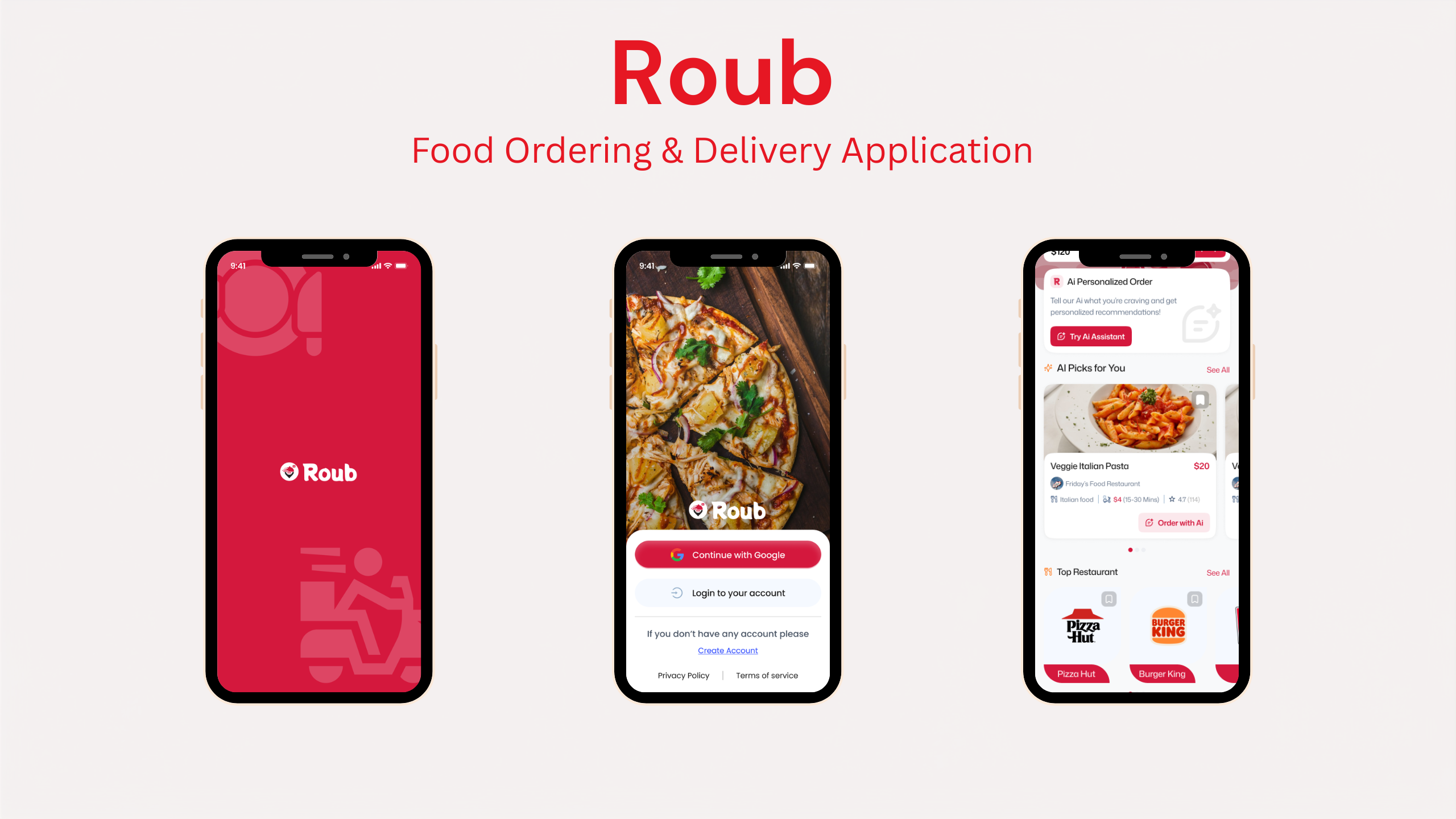 Roub food ordering and delivery mobile app showing splash, login and restaurant discovery screens
