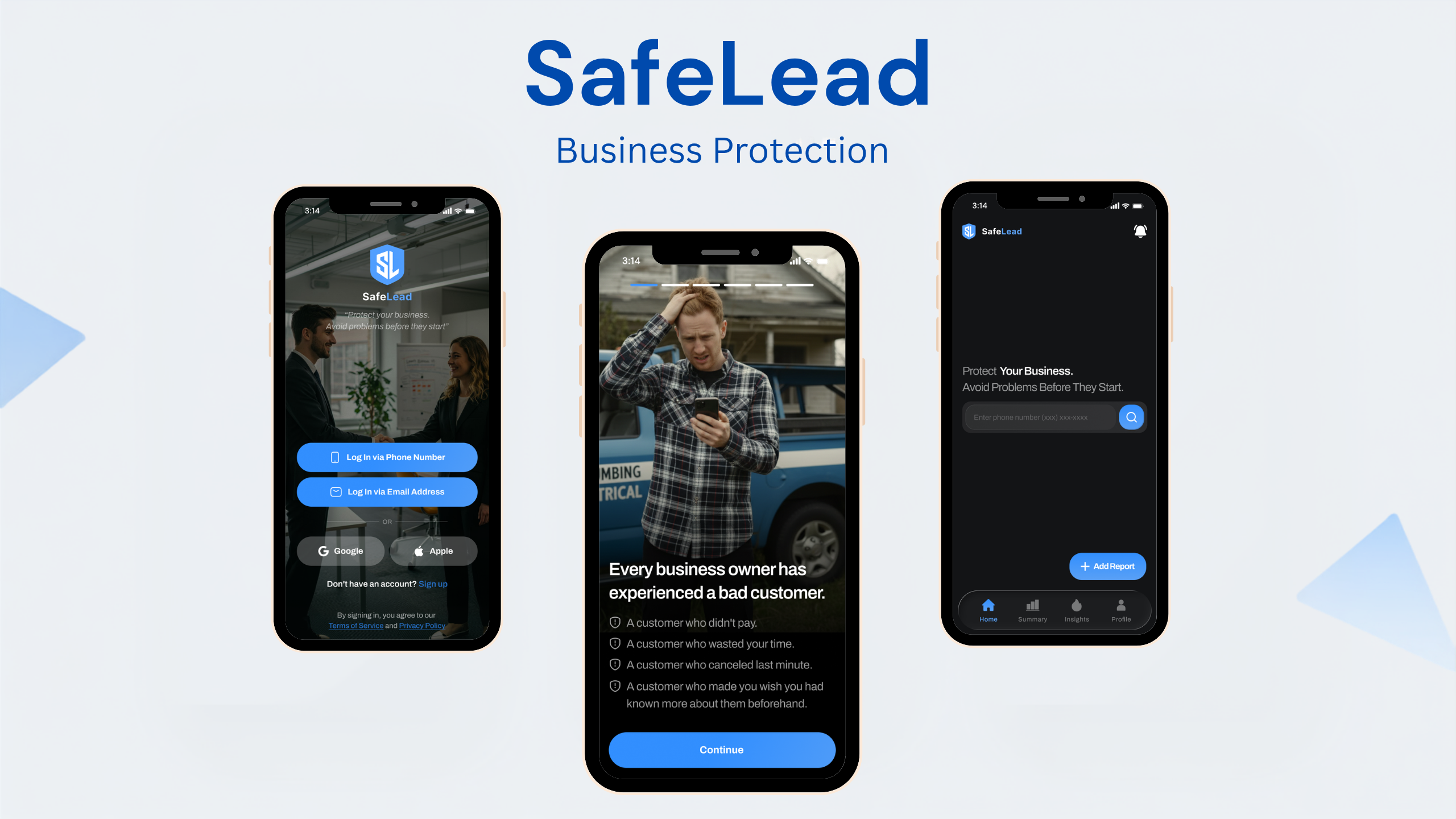 SafeLead business protection mobile app showing login, onboarding and home screens